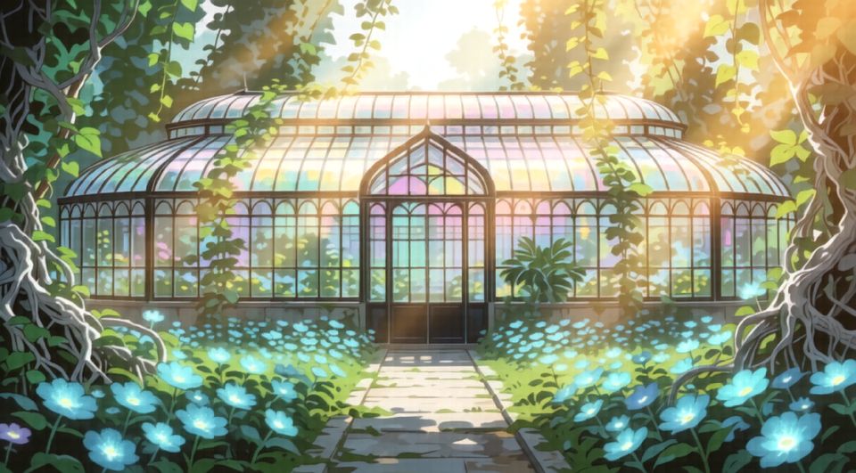 Glass House detail plate: glowing cyan flowers along the path to the doors