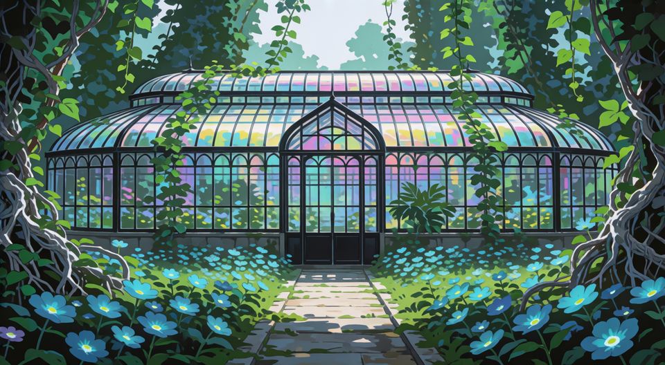 Glass House master plate: the arched entrance and flower-lined path