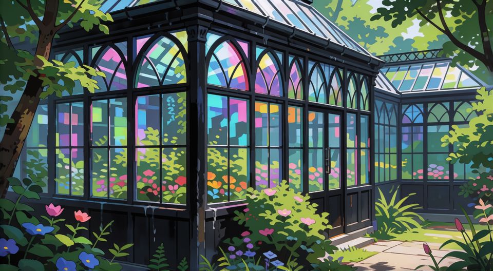 Glass House reverse-angle plate: black frames and coloured panes from the side