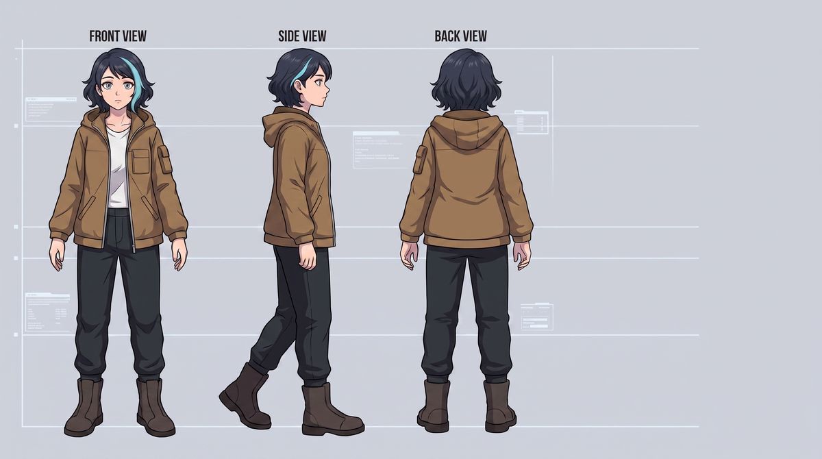 Guide Rei’s turnaround sheet: front, side and back views in a brown hooded jacket