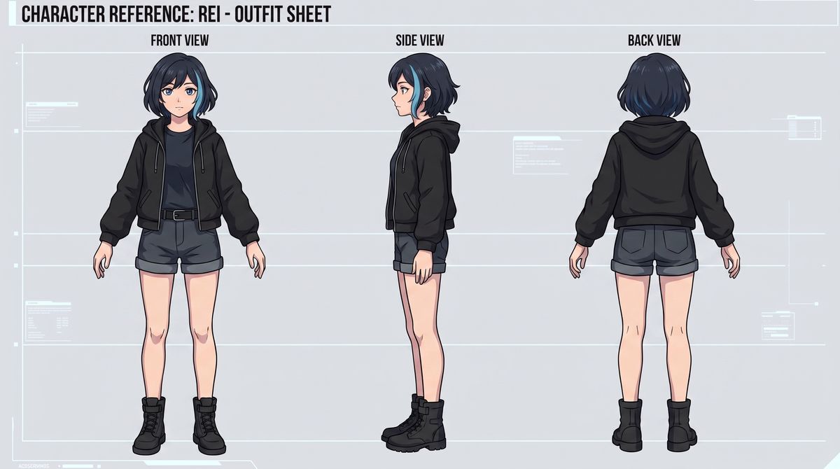 Rei’s outfit sheet: front, side and back views