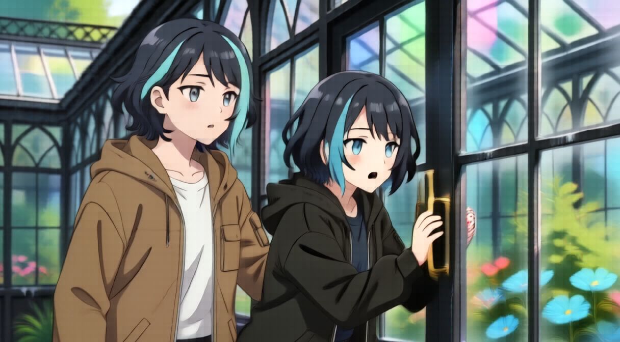 Storyboard panel: Rei and Guide Rei at the glass house frame