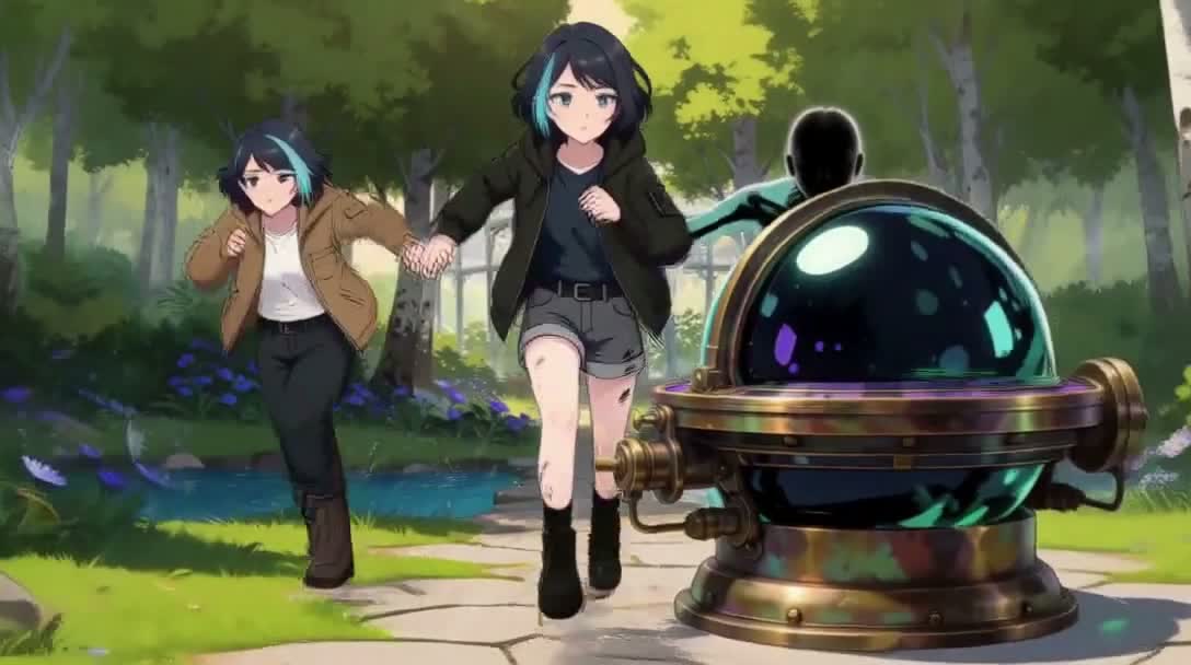 Generated shot from Rei episode 3: two characters running through a forest